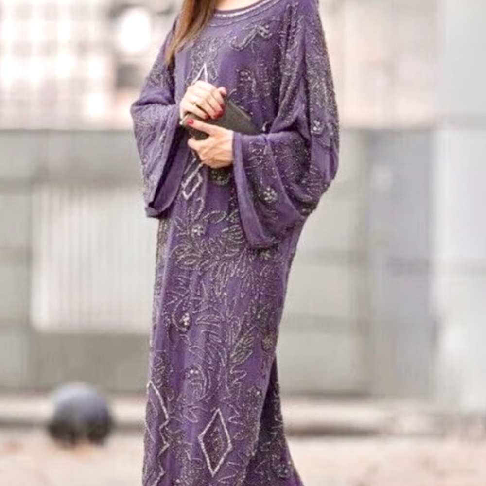 Zara Purple Long Sleeve Beaded Dress kaftan m l new with tag